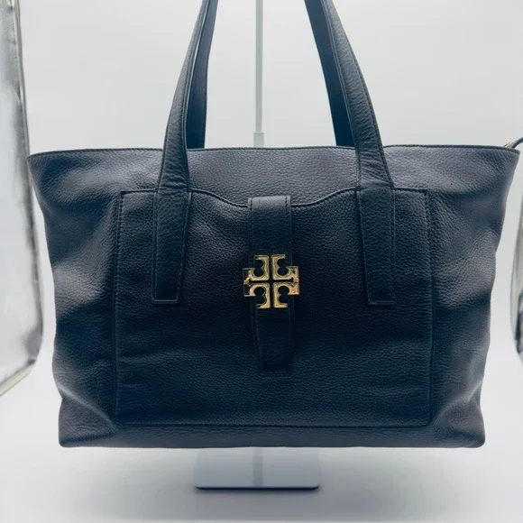 Tory Burch Meyer Plaque Pebbled Leather Tote Bag in Black - Picture 1 of 16
